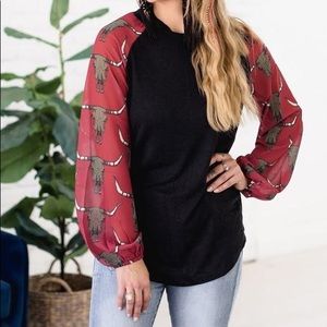 Western Boho Balloon Sleeve Black and Red Bull Top